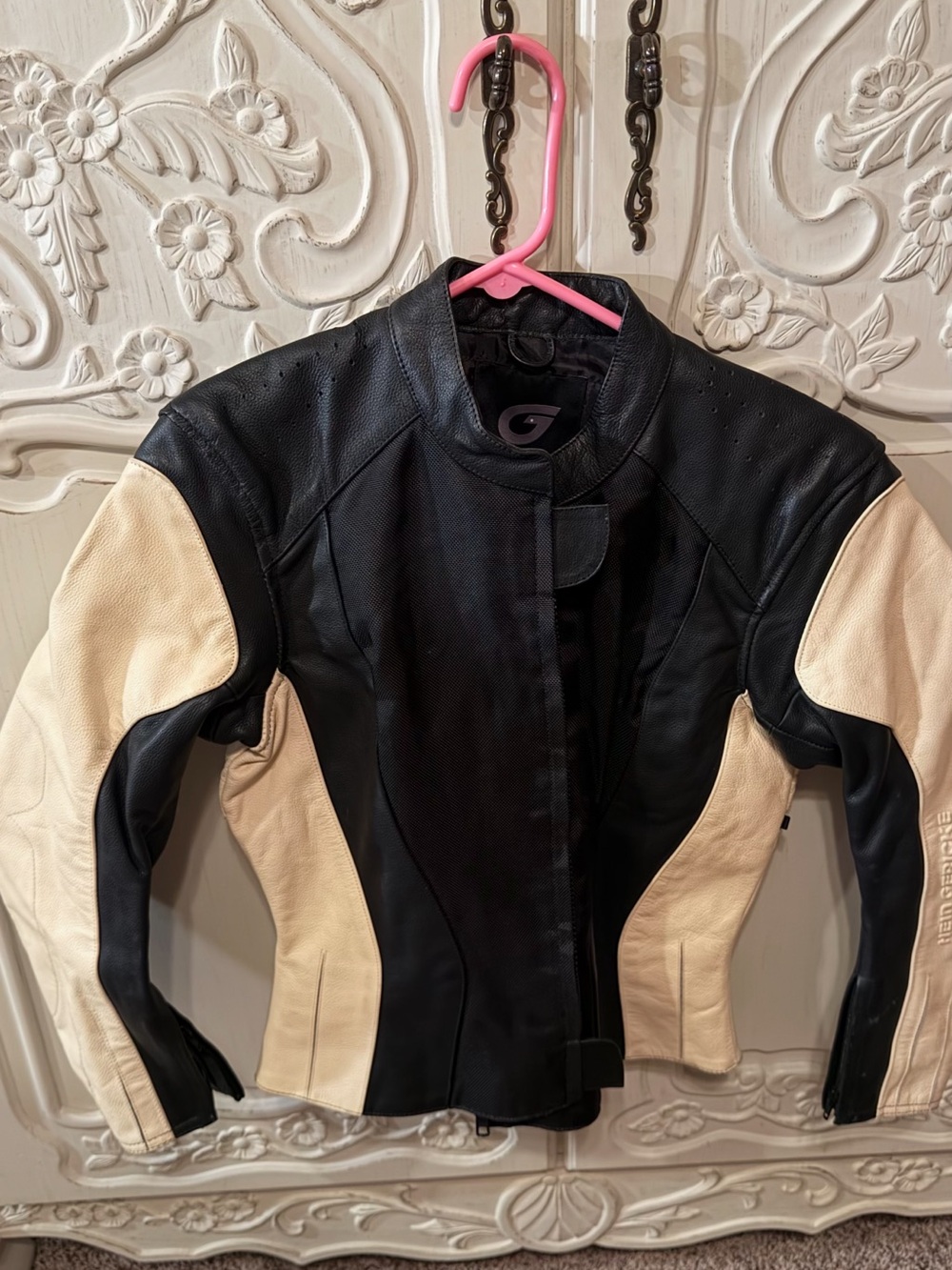 G-Brand Black and Cream Perforated Leather Motorcycle Jacket
